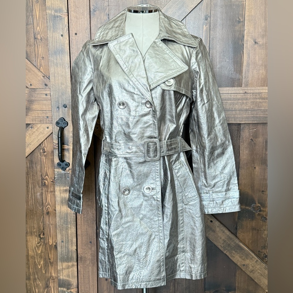 Newport News Vintage Y2K Leather Double Breasted Silver Metallic Trench Size 10